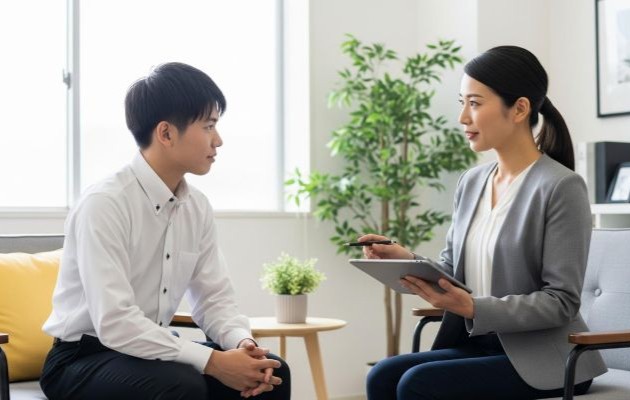 働きやすい会社の特徴がわかり転職に成功し、先輩の女性社員からアドバイスを受ける男性従業員