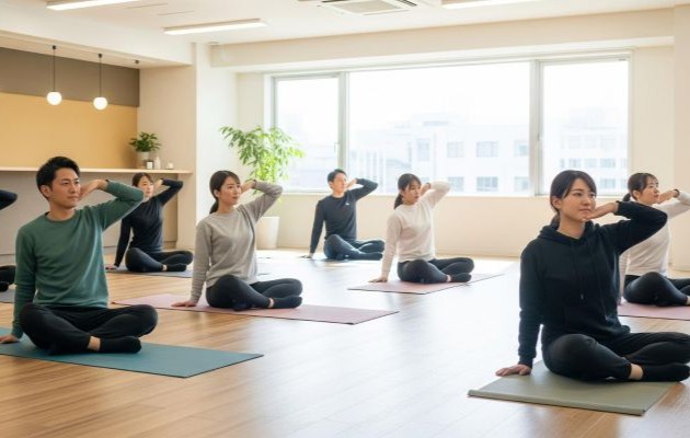 働きやすい会社の特徴がわかり転職に成功し、福利厚生の一環としてヨガを行う男性と女性の従業員