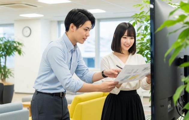 働きやすい会社の特徴がわかり転職に成功し、生き生きとして仕事をする男性と女性の従業員