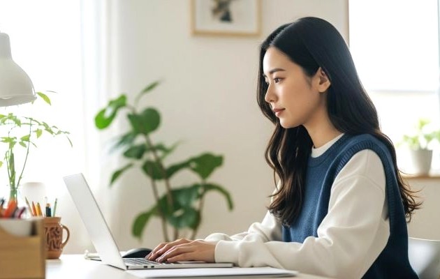 働きやすい会社の特徴がわかり転職に成功し、柔軟な働き方としてテレワークで業務にあたる女性の従業員