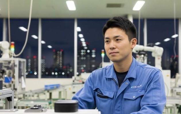 日本企業の平均残業時間を超えて、夜の工場で働く男性