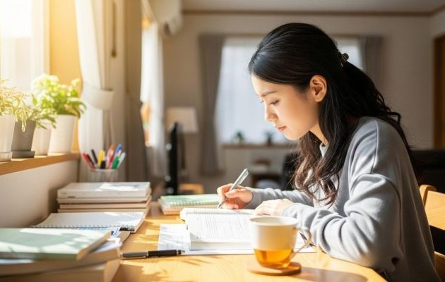 スキルアップとキャリアアップの違いがわかり、スキルアップのために自宅で学習をする社会人女性