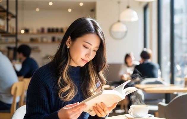 自分にとってのスキルアップが明確になり、カフェで本を読む社会人女性