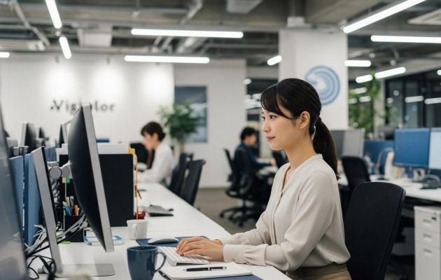 日本企業の平均残業時間を超えて、夜のオフィスにて働く女性