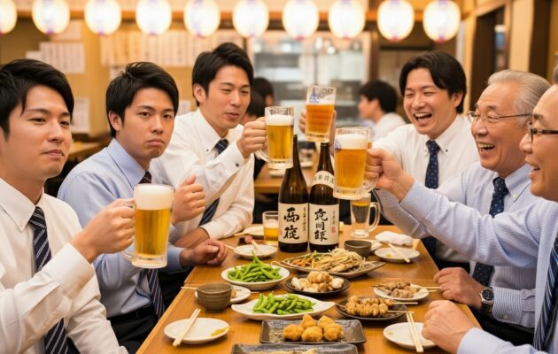 日本企業の習慣である「付き合い残業」として平均の残業時間以外の時間も働いている男性社員たち