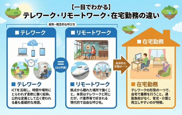 テレワークとリモートワーク、そして在宅勤務の違いについて解説した図解画像