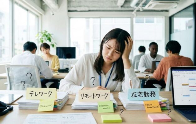 テレワークとリモートワーク、在宅勤務の使い方に困っているオフィスで働く女性