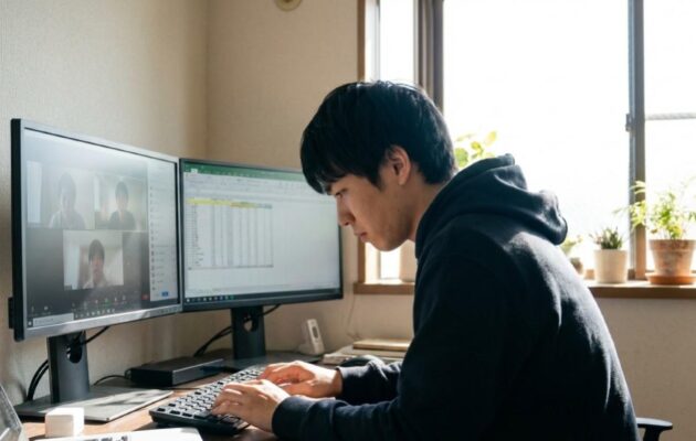 テレワーク・リモートワークで働くメリットとデメリットを感じながら自宅のデスクにて働く男性