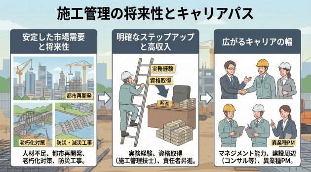 施工管理の将来性とキャリアパスについて解説しているイメージ画像