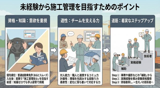 未経験から施工管理を目指すためのポイントについて解説しているイメージ画像