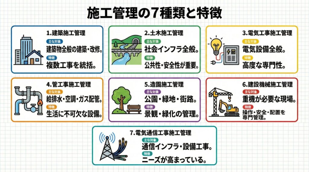 施工管理の7種類である、建築・土木・電気・管・造園・建設・電気通信についての解説画像