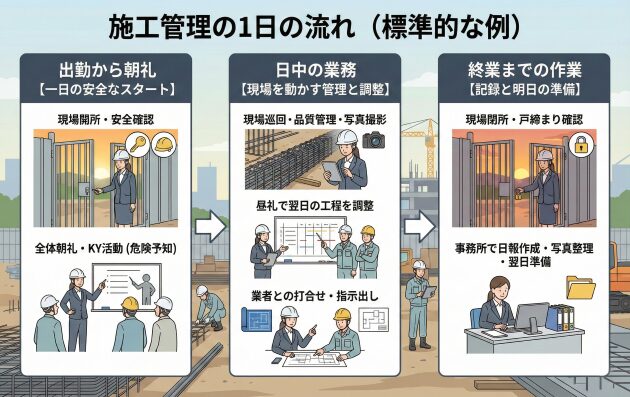 施工管理の1日の仕事の流れを解説したイメージ画像