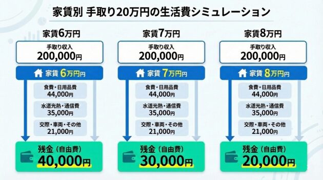 手取り20万円の場合の一人暮らし、家賃別・生活費のシミュレーション表