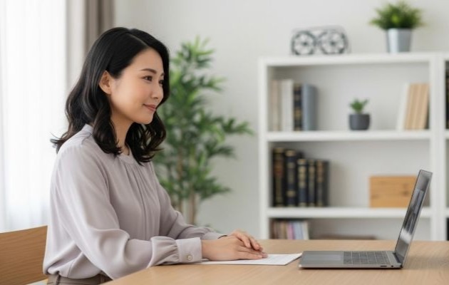 就いてよかった仕事ランキングを見て未経験から満足度の高い仕事に転職しようとしている、オンライン面接練習中の女性