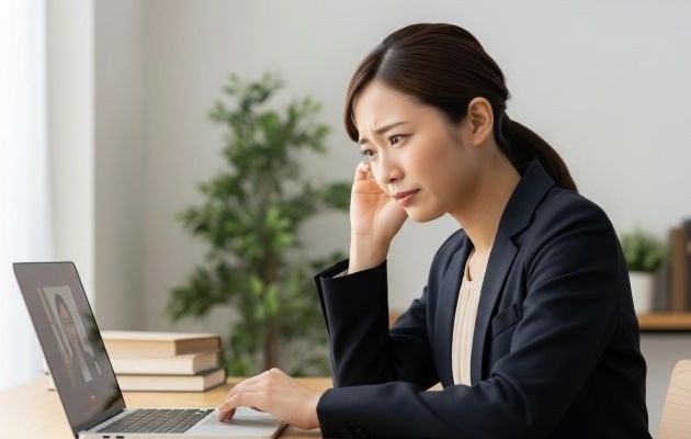 オンライン面接時のマナーを確認して面接に挑むも面接中にトラブルが発生し困っている転職活動中の女性