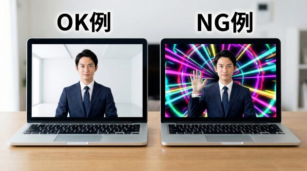 オンライン面接のマナーにおけるバーチャル背景設定のOK例とNG例のイメージ画像