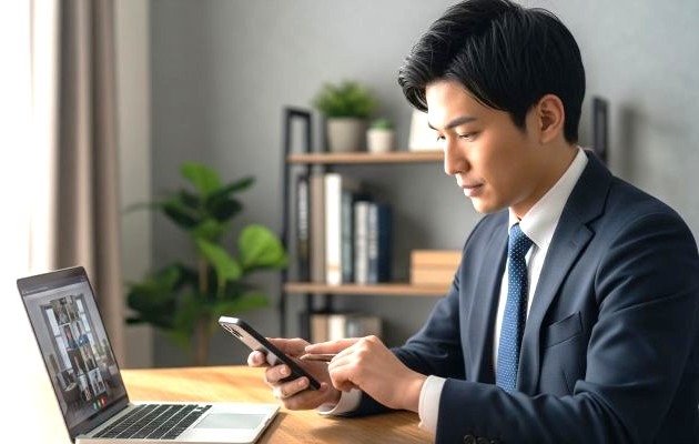 オンライン面接に臨むにあたりマナーに配慮するためにパソコンやスマホの設定を確認している転職活動中の男性