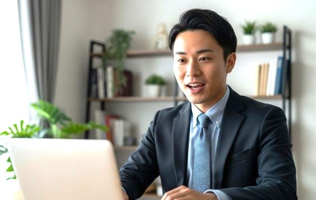オンライン面接のマナーや注意点を確認して、笑顔で面接に挑んでいる転職活動中の男性