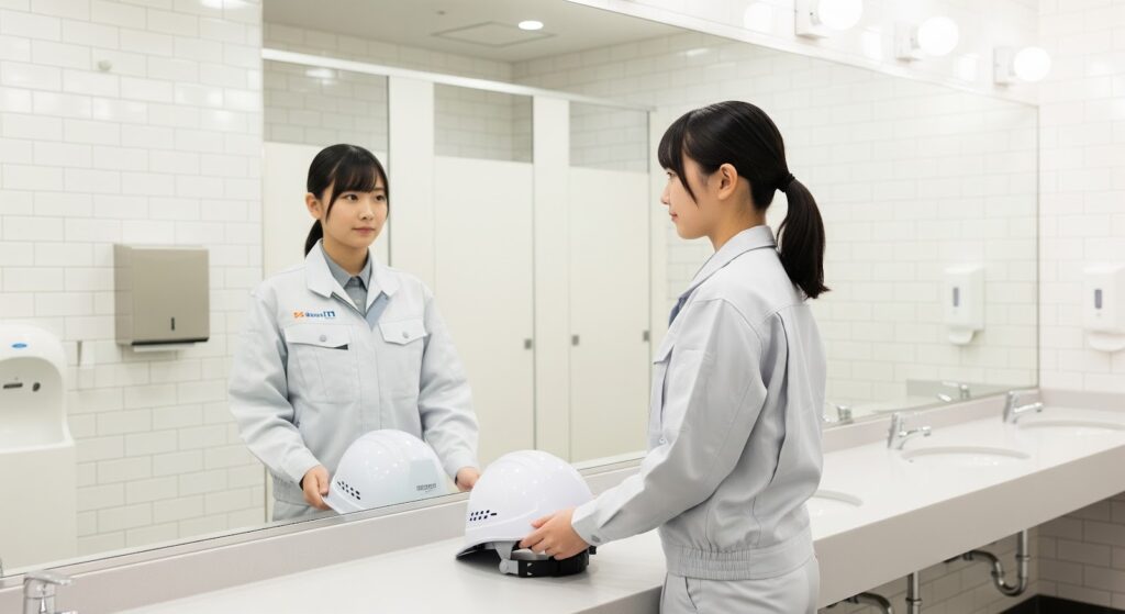 ブルーカラーである建設業に転職し、改善された現場環境のトイレの洗面台に立っている女性