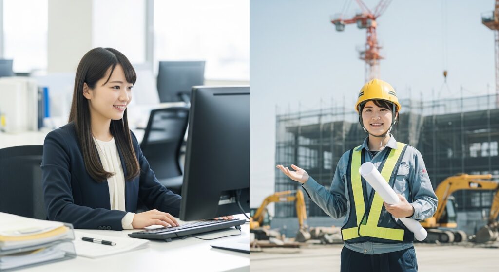 ホワイトカラーの事務職で働いている女性と、ブルーカラーの建設業で働く女性
