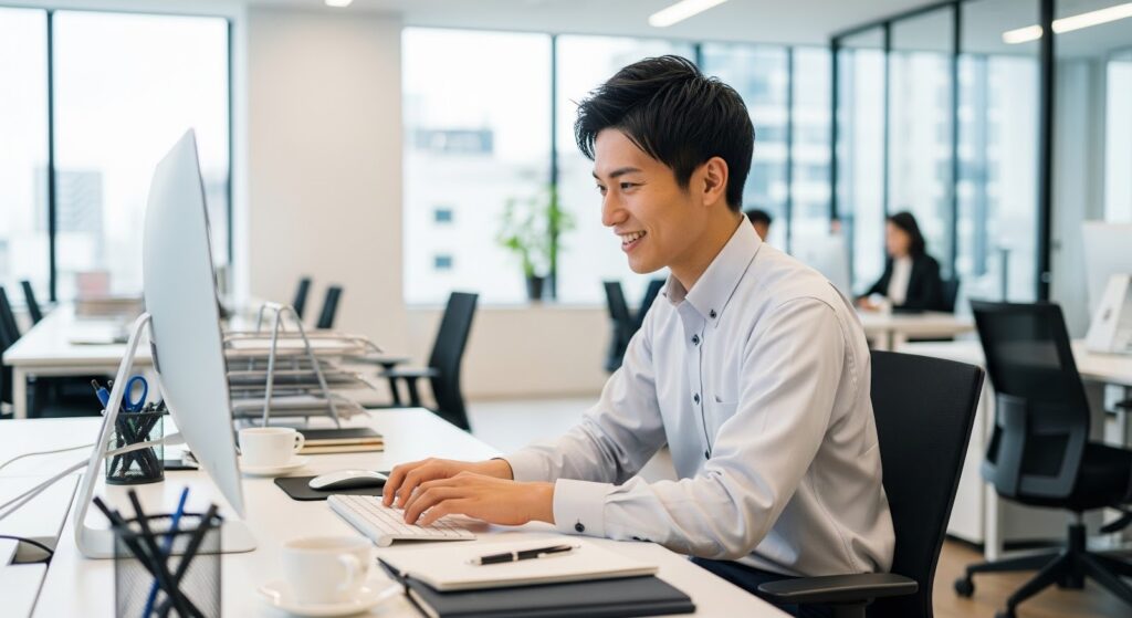 AI時代のホワイトカラーとブルーカラーのキャリアパスがわかり、意欲的に働ける仕事に転職した男性