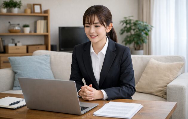 休みがない仕事に転職するために、面接の練習をオンラインで行っている女性