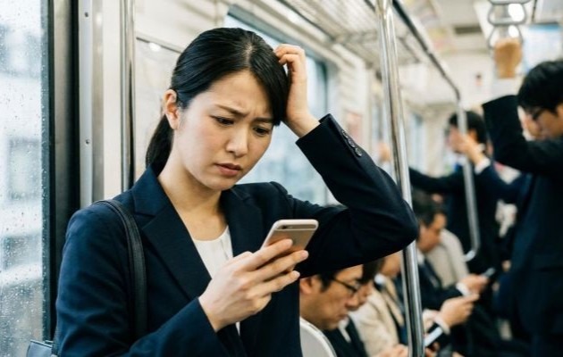 電車通勤中に新卒1ヶ月で退職をして転職を考えている20代前半の女性