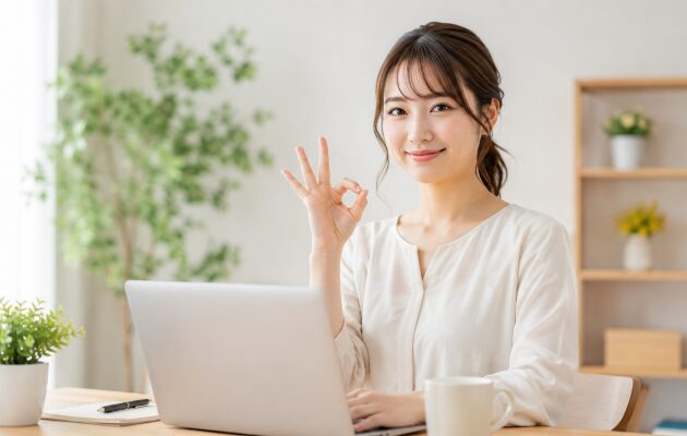 会社に勤めながら、副業がバレないように自宅にて作業をしている女性