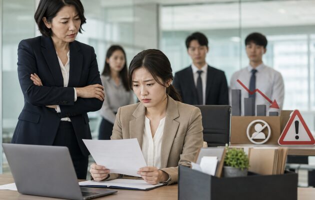 副業が会社にバレてしまい、勤務先で上司に問い詰められている会社員の女性