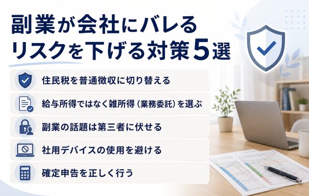 副業が会社にバレるリスクを下げる対策5選について解説している図解イメージ