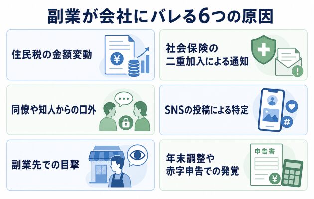 副業がバレる6つの原因について解説している図解イメージ