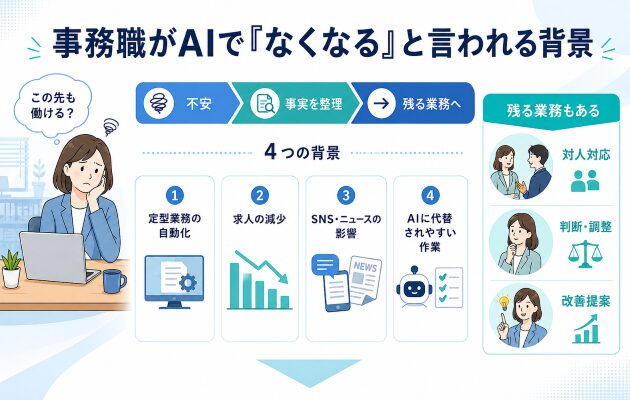 事務職がAIの影響でなくなると言われる4つの背景について解説するイメージ画像