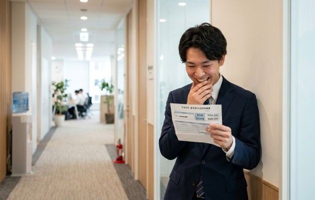 ボーナスがもらえることがわかりオフィスの廊下でこっそり明細を確認している男性