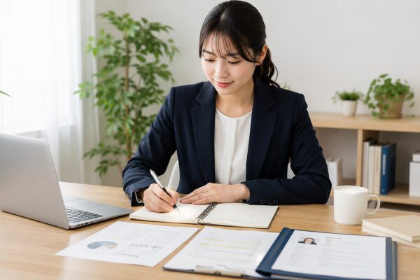 ボーナス受給後に退職して転職活動を自宅のテーブルで進めている女性