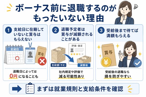 ボーナス前に退職するのがもったいない理由について解説しているイメージ画像