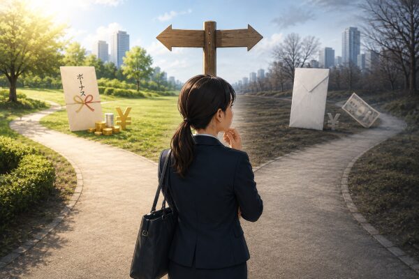 ボーナス相場から見てもったいないかどうかの分かれ目について迷っている女性のイメージ画像