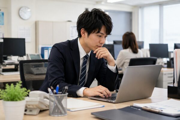 ボーナスを貰う前から転職活動を開始し始めてPCでリサーチしている男性