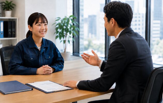 未経験からブルーカラーに転職するために面接を受ける女性と試験官の男性