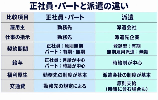正社員・パートと比べてわかる派遣の仕組みに関する表の画像